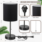 Table Lamps Set of 2 with USB Charging Ports, Black Bedside Lamps with AC Outlet, Nightstand Lamps with Pull Chain Switch, Minimalist Modern Desk Lamps with Fabric Shade for Living Room Bedroom Office