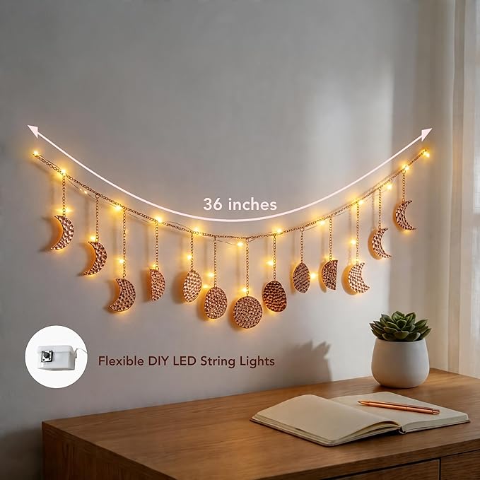 opulinea Boho Moon Phase Wall Hanging, Rose Gold Hammered Metal LED Celestial Garland for Bedroom Witchy Home Christmas Decor