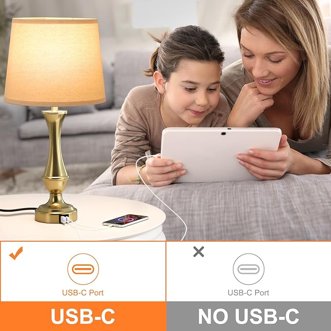 Seealle Upgraded Touch Lamps for Night Stands Set of 2 - Bedside Lamps with USB C+A, 3 Way Dimmable for Bedroom Living Room End Tables Office (Gold)