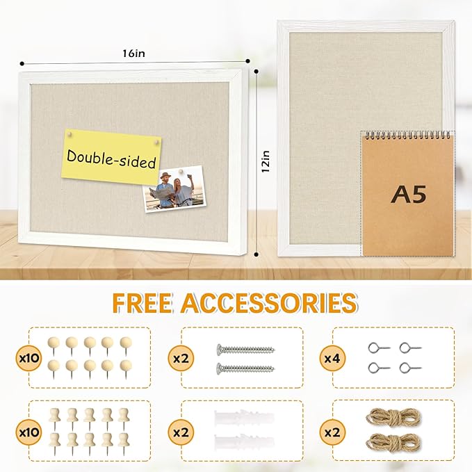 DOLLAR BOSS Bulletin Boards with Linen 2-Pack 16''X 12'' Cork Board for Walls Wood Framed Bulletin Boards, Small Pin Board for Home Kitchen Office Decorative Hanging 20 Pushpins