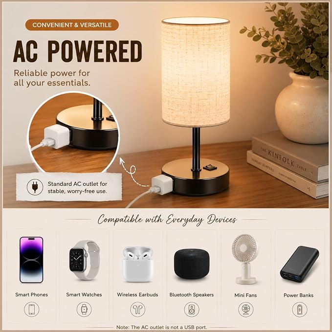 ZJOJO Table Lamp for Bedroom Set of 2, Bedside Small Lamps with 3 Way Dimmable Rocker Switch and AC Outlet, Nightstand Desk Lamp with Flaxen Fabric Shade Black Base for Living Room Home Decor Lights