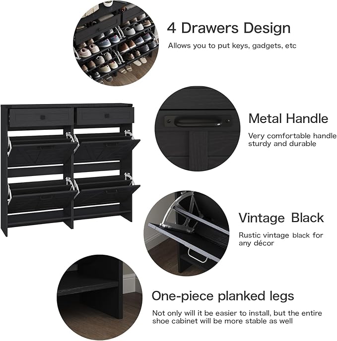 Shoe Cabinet with 4 Flip Drawers & 2 Drawers,Farmhouse Shoe Storage Cabinet for Entryway,Slim Freestanding Organizer Rack for Front Door Entrance,Black