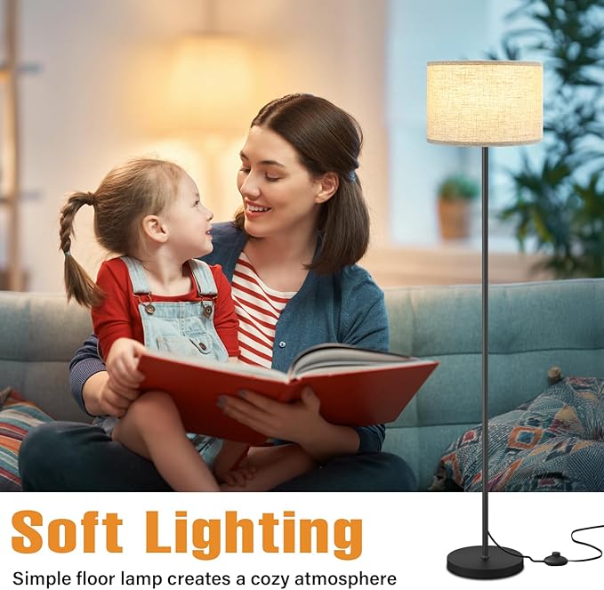 Ambimall 60'' Modern Floor Lamp with Shade, Tall Lamps for Living Room, Bedroom, Office, Dining Room, Beige Shade with Black Pole(Without Bulb)