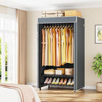 H5C Clothes Rack with Cover, Portable Closet for Hanging Clothes, Covered Clothing Racks Heavy Duty, Freestanding Garment Racks with Shelves, Max Load 360LBS Black Closet Rack with Gray Cover