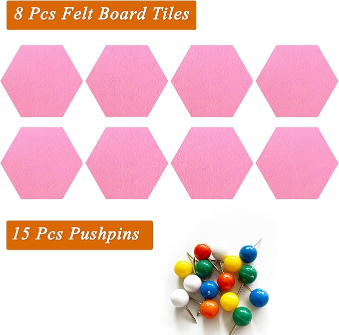 8 Pcs Hexagon Felt Cork Bulletin Board Tiles, Self Adhesive DIY Bulletin Board Pin Board for Office School Home Wall Decor Memos Photos Display(Bright Pink)