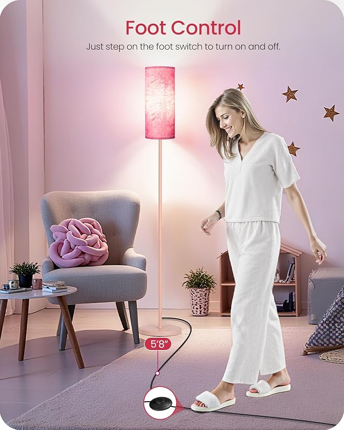 Dimmable Floor Lamps for Living Room with Remote and Foot Switch, 64.4” Modern Standing Tall Lamp, Corner Lamp for Bedroom, Bulb Included, 3000K-6500K, FCC Listed, Sakura Pink PCP06LD05W1