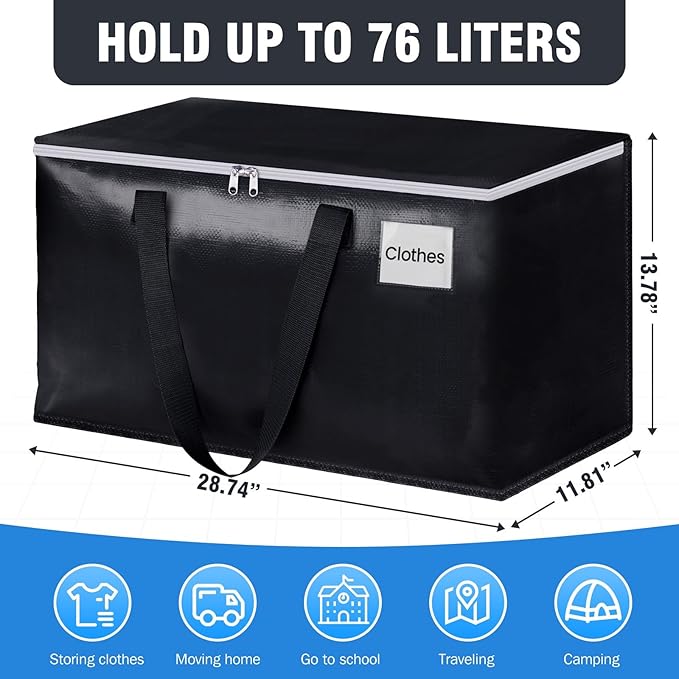 BlissTotes Moving Bags, Heavy Duty Moving Boxes with Zippers Top and Sturdy Handles, Storage Bags for Space Saving and Packing, Collapsible Moving Supplies, Storage Totes (76L, 4-Pack, Black)