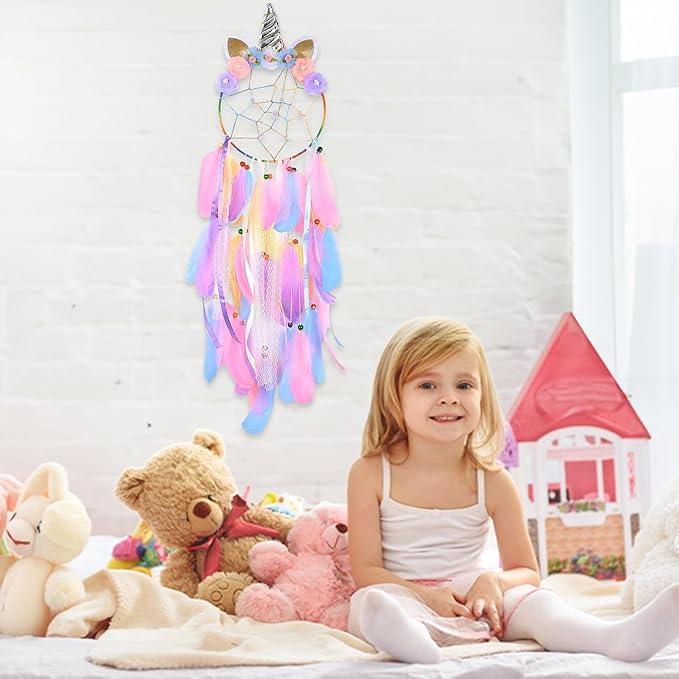 QtGirl Dream Catchers for Kids Unicorn Wall Decor for Girls Bedroom Flower Feather Wall Hanging Decoration