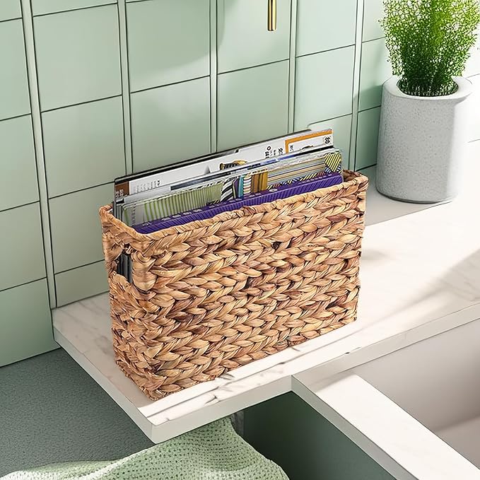 Yesland Hand-Woven Narrow Water Hyacinth Holder Wicker Basket, 15.5 x 5.5 x 9.75 Inch Decorative Magazine Storage Basket Bin for Home, Office, Desk