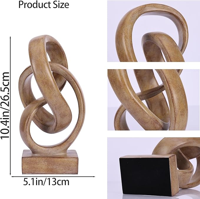 Abstract wood-toned knot sculpture, geometric decorative statue, wood-toned accent piece for living room coffee table or bookshelf surface, office TV cabinet or entryway console table decoration.
