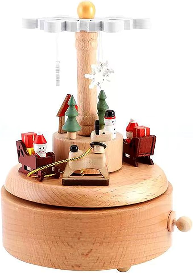 Natural Solid Wood Handcrafted Beech Wooden, Musical FigureTotoro/Carousel/Fairy/Ballerina Figurine,Rotating Hand Crank Mechanism Music Box,Musical Decorations (Merry Christmas)