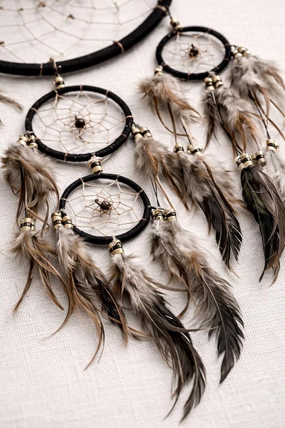 OMA Black Dream Catcher Wall Hanging with Tiger Eye Stones and Feathers, Black Suede Traditional Dream Catcher Boho Home Decor Bedroom Decoration Gift Large Size - 28" Long x 9" Diameter