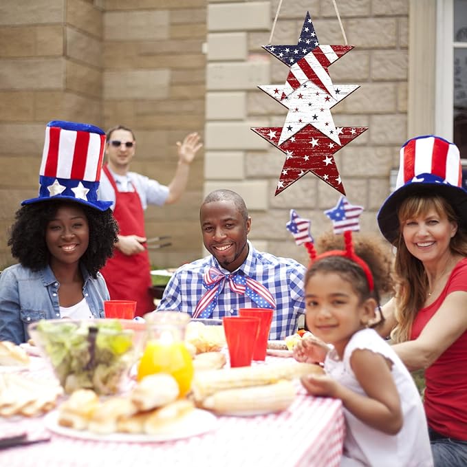 4th of July Decorations Wooden Welcome Sign, Wooden American Flag Star Wreath, Outdoor Wall Hanging for Front Porch, Memorial Day Home Decor (Retro)