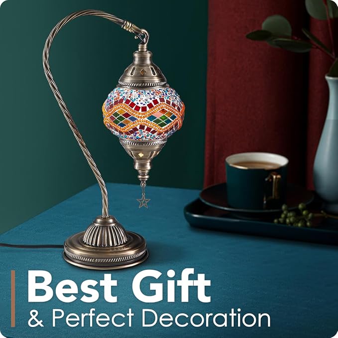 Yarra-Decor Turkish Moroccan Lamp with Bronze Base 3 Color Options Handmade Swan Neck Tiffany Mosaic Glass Bedside Lamps for Bedroom (LED Bulb Included)(5)