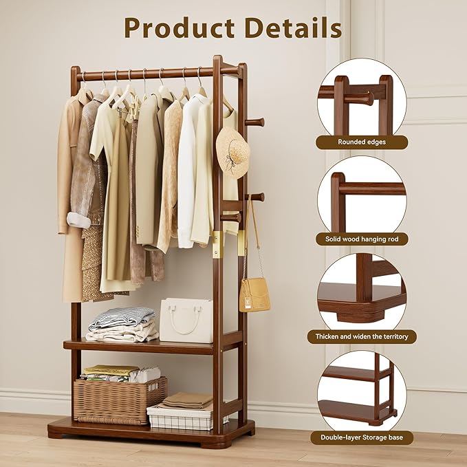 Coat Rack Solid Wood Clothes Rack with 2 Shelves & 4 Hooks for Hanging Clothes Garment Wallets Hats, Clothing Rack Heavy Duty Coat Rack Freestanding with Storage Hall Tree for Hallway Bedroom