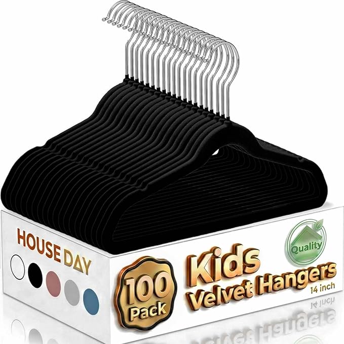 HOUSE DAY 14 Inch Kids Velvet Hangers 100 Pack, Durable Big Kid Hangers for Youth, Teen, Non Slip Kids Felt Hanger, Cute Childrens Hanger for Closet, Black