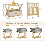 Fully Assembled Luggage Racks Pack of 2 with 4 Storage Boxes, Bamboo 26.77" Folding Luggage Stand for Guest Room, 5 Nylon Straps, Suitcase Stand with Storage Shelf for Bedroom Hotel, Natural