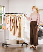 Homde Rolling Clothes Rack with Hooks: Standing Garment Storage for Indoor - Hanging Rod for Bedroom Laundry Room - Coat Dress Organizer on Wheels with luggage shelf (Black, 32")