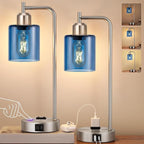 Innqoo Industrial Blue Table Lamps for Bedrooms Set of 2-3-Way Dimmable Desk Lamp with USB C+A Ports and Outlet, Nickel Lamps with Green Glass Shade for Living Room