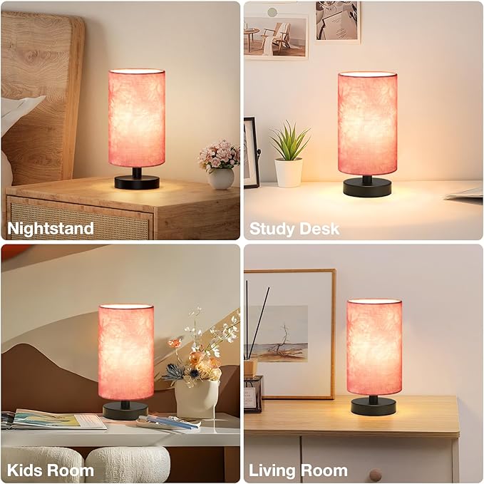 Fenmzee Small Table Lamp for Bedroom - Inline Control, Bedside Lamp with 3000K A15 LED Blub, Easy Assembly (Pink Shade - Black Base, 9" Inline Control)