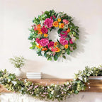24 Inch Spring Wreaths for Front Door Outside,Handcrafted Garden Rose & Peony Style Summer Wreath with Pink,Orange Ivory Flowers- Lush Spring Door Wreath for Farmhouse Home Wall Porch Window
