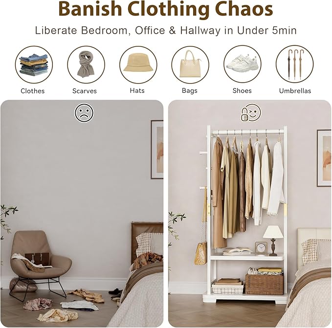 Solid Wood Clothes Rack with 2 Shelves & 4 Hooks for Hanging Clothes Garment Wallets Hats, White Clothing Rack Heavy Duty Coat Rack Freestanding with Storage Hall Tree for Hallway Bedroom Living Room