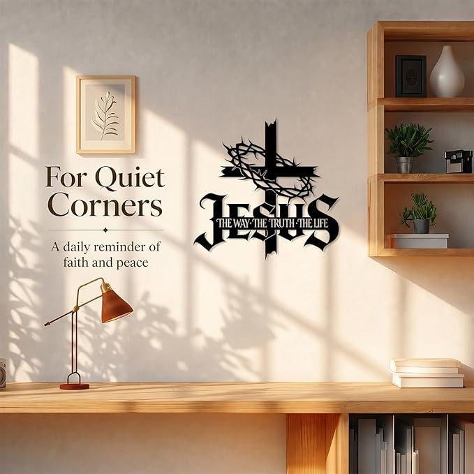 Jesus Wall Art Cross Wall Decor with Crown of Thorns - Metal Christian Wall Art "The Way The Truth The Life" Sign, Black Iron Religious Wall Art & Christian Wall Decor for Home Living Room Church