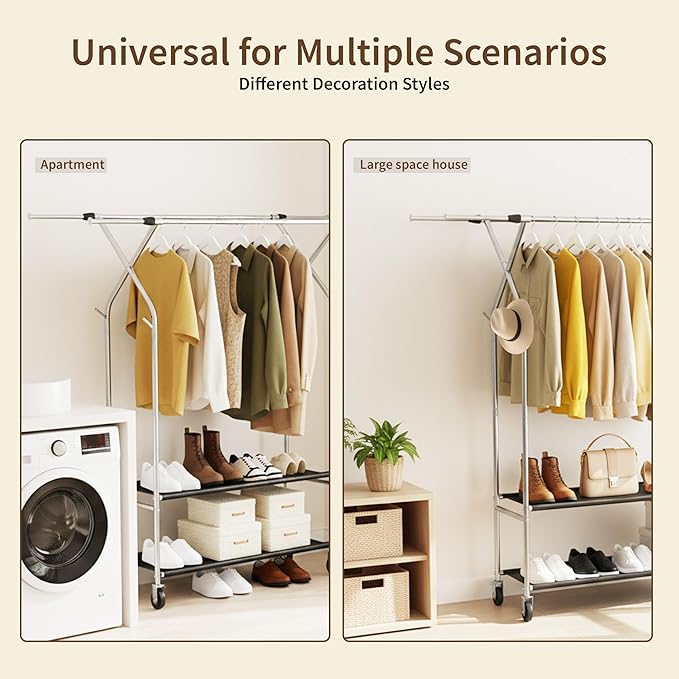 Heavy Duty Clothes Rack,Double Rods Clothing Rack for Hanging Clothes,Rolling Clothing Racks with Wheels,Metal Garment Rack for Bedroom Laundry Living Room,Silver