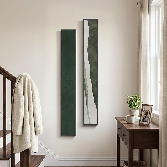 Long Narrow Framed Green Vertical Abstract Wall Art Set, 2 Piece Modern Canvas Prints Paintings Artwork for Walls, Green White Minimalist Pictures for Living Room Bedroom Entryway Hallway Wall Decor