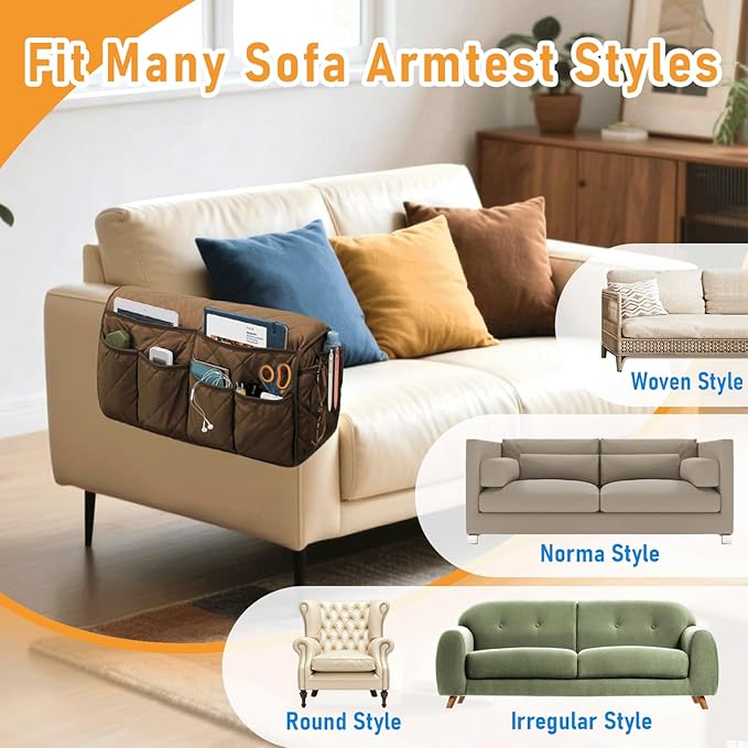 Armchair Caddy, Sofa Armrest Organizer, Non Slip Recliner Organizer, Remote Control Holder for Recliners, Couch Caddy with 14 Pockets Storage for TV Remote, Phone, Magazine (Brown)