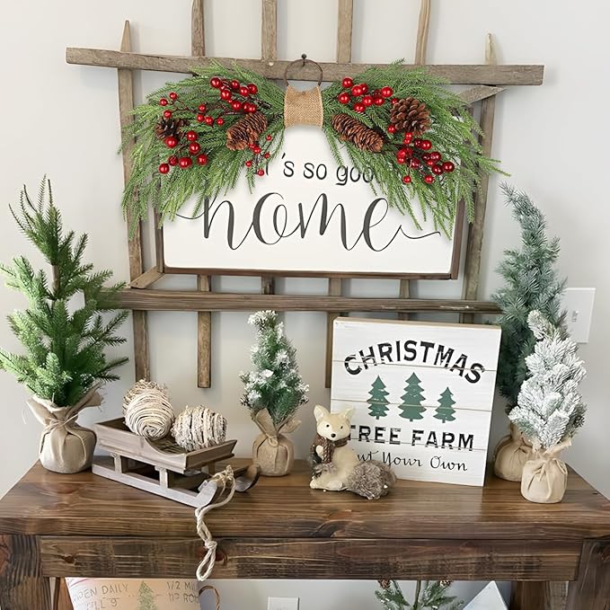 2PCS Artificial Christmas Swags with Norfolk Pine, Red Berries and Pinecones, 24" Christmas Thanksgiving Decorations for Front Door, Mantel, Staircase, Window, Xmas Décor