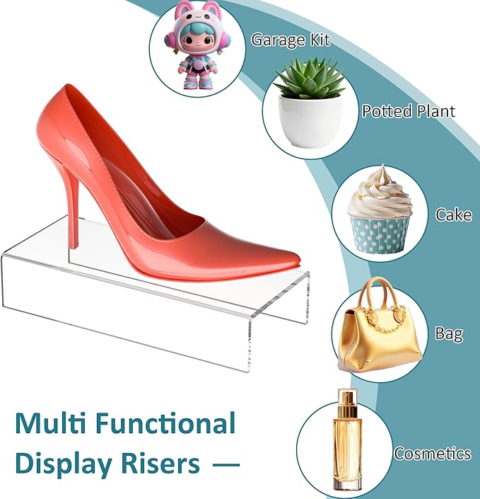 Acrylic Shelf Riser 10x4.3x2 pack of 2, Clear Display Shelf 10” for Figure, Cosmetics, Bags, Shoes, Toys, Collectibles, 10x4.3x2 Inch