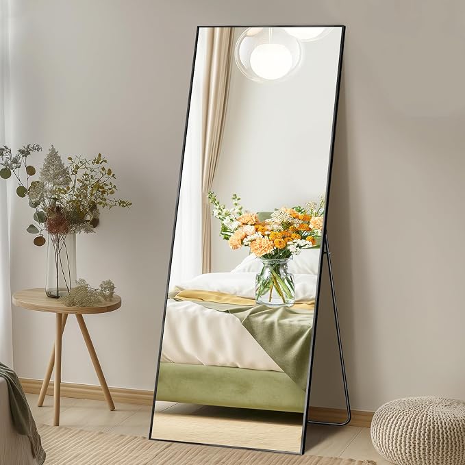 DUMOS 56"x15" Full Length Mirror, Full Body Mirror with Aluminum Alloy Thin Frame, Standing Mirrors with Leaning or Hanging, Suitable for Bedroom, Livingroom, Cloakroom, Black