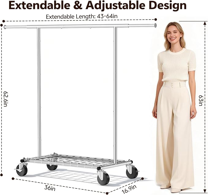 Heavy Duty Clothes Rack - Load 500 LBS, Rolling Clothing Rack for Hanging Clothes with Lockable Wheels & Shelves, Extendable Garment Rack for Bedroom, Laundry, Living Room, Silver