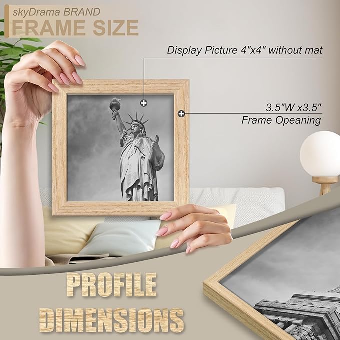 Natural Solid Wood 4x4 Picture Frame, Display 4 x 4 Inch Picture Poster Photo, Vertical & Horizontal Wall Hanging - 2 Pack/Natural/4"x4"