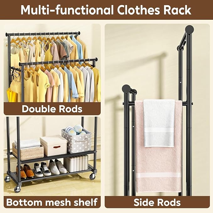 Clothes Rack with Double Rod for Hanging, Heavy Duty Clothing Rack Load 350 LBS with Lockable Wheel, Free Standing Garment Rack with 2 Shelves and Side Hooks for Home Commercial (Dark Grey)