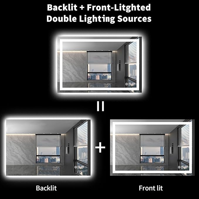 LOAAO 48X32 LED Bathroom Mirror with Lights, Anti-Fog, Dimmable, Backlit + Front Lit, Lighted Bathroom Vanity Mirror for Wall, Memory Function, Tempered Glass (Safe to Use)