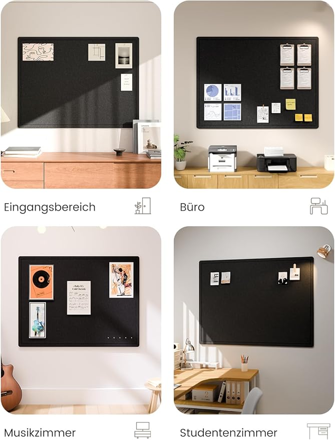 Fluxynara Large Bulletin Board, 47.2" x 35.4" Cork Board Alternative with 24 Safe Removable Adhesive Tabs, Foldable Felt Pin Board for Home Office, Classroom, Bedroom,Entryway for Walls—Black