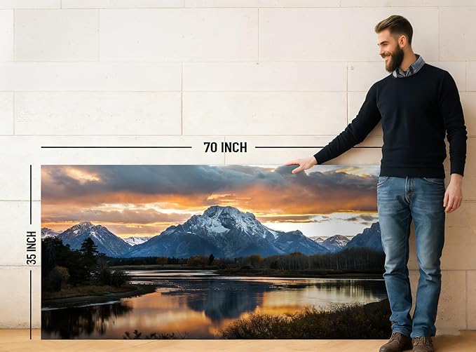Extra Large Mountain Wall Art for Living Room Sunset Nature Grand Teton Wall Decor National Park Posters Wyoming Snake River Landscape Canvas Prints Artwork for Bedroom Office Home Decoration 35x70"