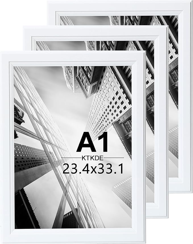 KTKDE A1 Picture Frame Set of 3, 23.4 x 33.1in Poster Frame Wooden White -Horizontal or Vertical Wall Hanging for Home, Exhibition, Caffe Large Frame for Photos, Posters - Art Prints best gift
