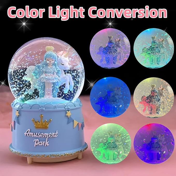 Unicorn Snow Globes for Girl,6.5IN Blue Music Snowglobes with LED Lights and Automatic Snowfall,Home Decor Glass Ball for Kids Bedroom Birthday for 5-18 Year Old Girl(6.5x4.1IN