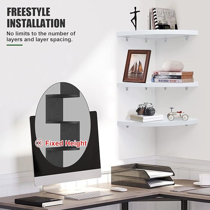 Marsmiles Floating Shelves Set of 3 | Wall Shelves | Wall Mounted Storage Display Shelving for Bathroom, Bedroom, Living Room, Kitchen | 12-4/5" D x 12-4/5" W | Fan-Shaped, Simply White
