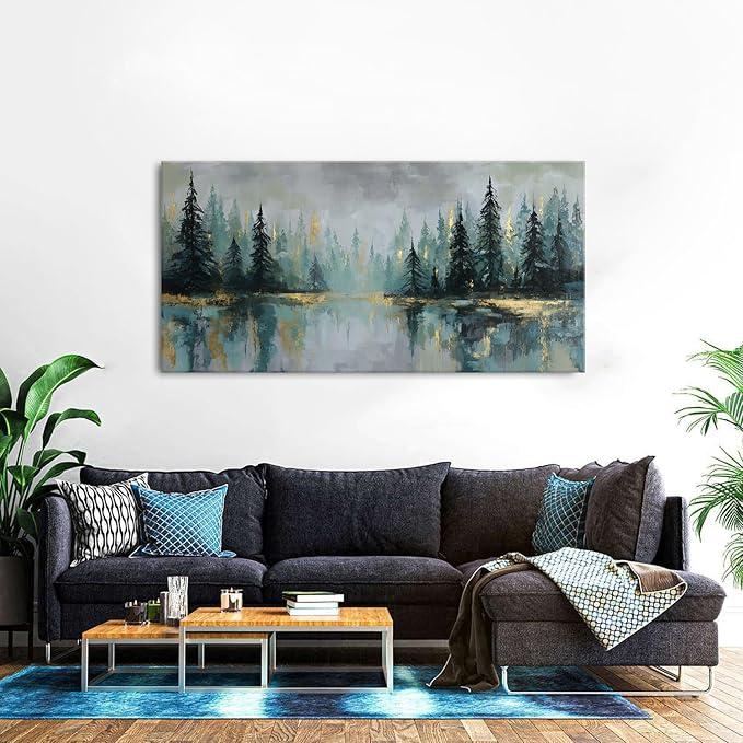 Green Forest Wall Art Vintage Fog Pine Trees Landscape Wall Decor Nature Green and Gold Forest Lake Scenery Canvas Prints Pictures Farmhouse Artwork Kitchen Living Room Home Decorations 29.53x57.87"