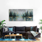 Green Forest Wall Art Vintage Fog Pine Trees Landscape Wall Decor Nature Green and Gold Forest Lake Scenery Canvas Prints Pictures Farmhouse Artwork Kitchen Living Room Home Decorations 29.53x57.87"