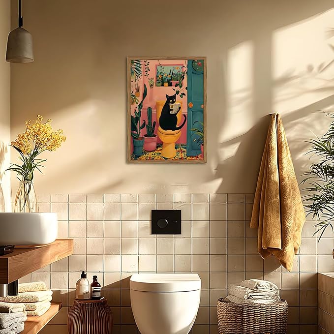 Funny Black Cat Bathroom Wall Art Whimsical Cat Reading Newspaper on Toilet Wall Decor Picture Cute Animal Bathroom Poster Canvas Painting Prints for Restroom 16x24 inch Framed