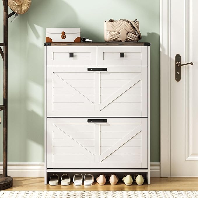 Shoe Cabinet with 2 Flip Drawers & 2 Drawers,Farmhouse Shoe Storage Cabinet for Entryway,Slim Freestanding Narrow Organizer Rack for Front Door Entrance,White