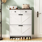 Shoe Cabinet with 2 Flip Drawers & 2 Drawers,Farmhouse Shoe Storage Cabinet for Entryway,Slim Freestanding Narrow Organizer Rack for Front Door Entrance,White