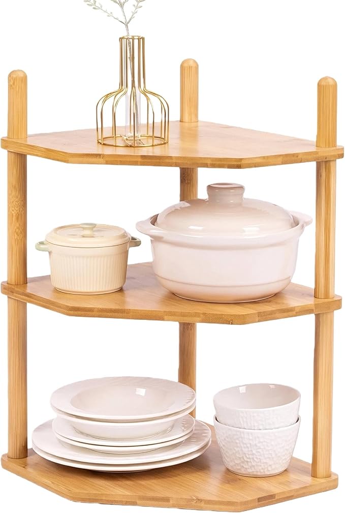 3-Tier Expandable Bamboo Corner Shelf - Dish/Plate Organizer for Cabinet, Kitchen Counter Shelf & Small Kitchen Shelf, Adjustable (Natural, 1-Pc 6.70" H)