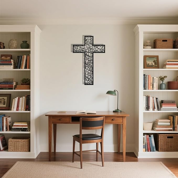 Black Metal Cross Wall Decor Iron Christian Cross for Home Church, Hollow Out Artistic Hanging Ornament, Crosses Wall Decor for Living Room, Bedroom, Decorative Thankful Religious Gift 35.4x23.5 inch