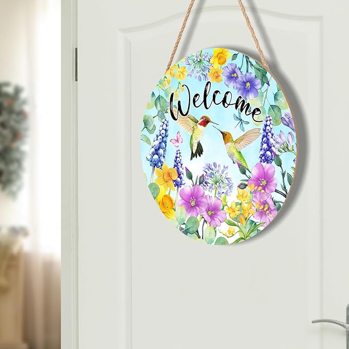 Welcome Spring Summer Hummingbird Front Door Sign Decor 12"x12" Spring Floral Flowers Wood Door Hanger for Outdoor Outside Porch Seasonal Farmhouse Wooden Wreath Wall Hanging Sign for Home Yard